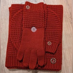 Calvin Klein Red Knit Scarf and Glove Set